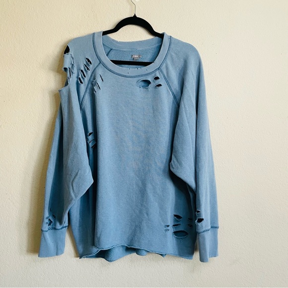 Aerie woman’s distressed Knit crew neck sweater size L blue oversized casual - Picture 1 of 8